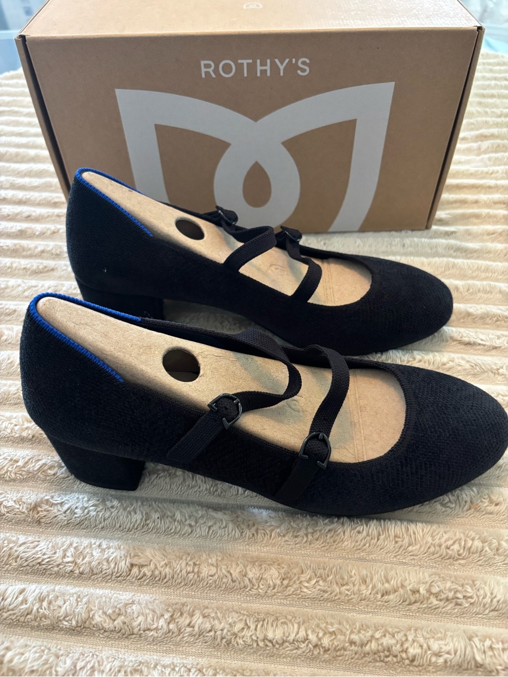 Rothy's Black Mary Jane Flats with Double Straps and Blue Trim - Picture 2 of 7